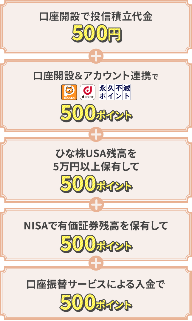 口座開設で投信積立代金500円＋口座開設＆アカウント連携で500ポイント＋ひな株USA残高を5万円以上保有して500ポイント＋NISAで有価証券残高を保有して500ポイント＋口座振替サービスによる入金で500ポイント